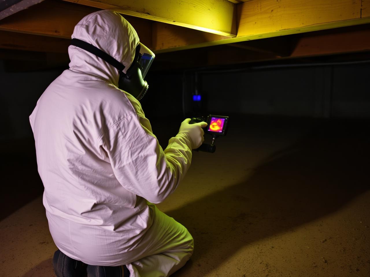 Indoor environmental inspector in protective coveralls using a thermal imaging camera in a crawlspace